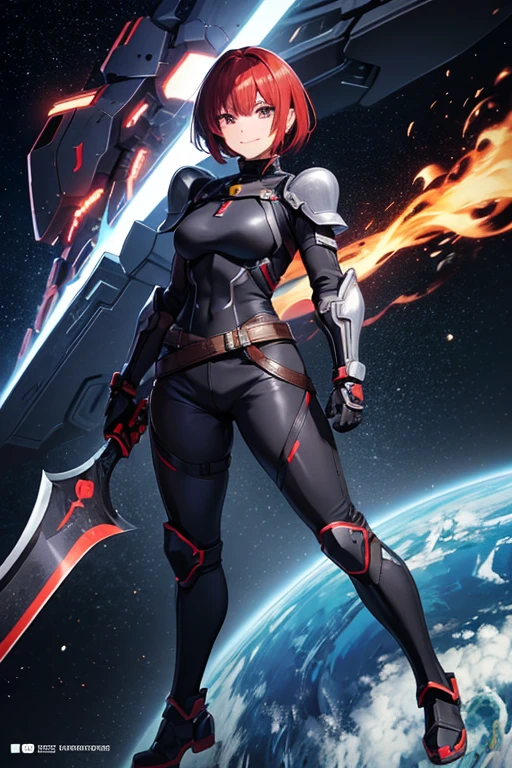 Anime Art、Full body portrait、Black heavy warrior of space sci-fi、A well-built woman, about 34 years old, about 175cm tall, wearing black armor and shorts, carrying a large axe、A strong smile、Short medium hairstyle、Red hair、Silver Eyes、Arm guard、Leggers、gloves、Flat chest