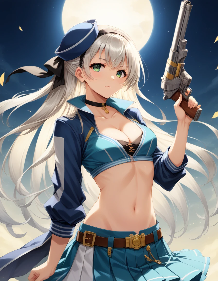score_9,score_8_up,score_7_up,score_6_up,score_5_up,score_4_up, ,source_anime BREAK,from front,front view,(soro focus),,straight-on,standing,,looking at viewer,masterpiece, best quality, very aesthetic, absurdres,extremely detailed CG unity 8k wallpaper,cinematic angle, great lighting, detailed shadows,detailed body, anime artwork, anime style, key visual, vibrant,studio anime, highly detailed, anime coloring,raceElie, hairband, choker, blue hat, blue jacket, cropped jacket, cleavage, midriff, blue shorts, pleated skirt,holding a gun,silver gun,aiming at viewer, focused gun, (zoom in upper body:1.2),