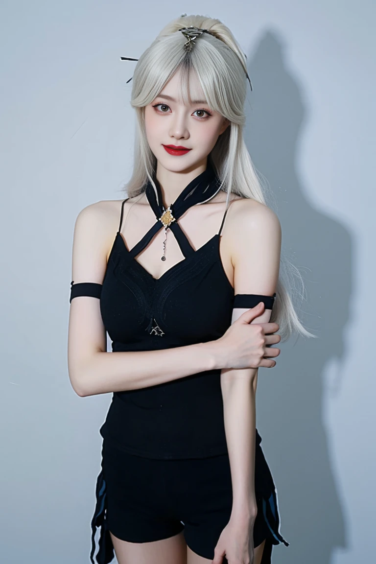 best quality, tmasterpiece,Ultra-high resolution,Clear face,(Reality:1.4),ferpect lighting,(upper body shot:1.5), (photorealistic:1.50), anime wallpaper, Guviz style artwork, cover-up fantasy up to magic , by Yang J, Guviz, beautiful artwork illustration, beautiful digital artwork, beautiful digital illustration, Li Song, beautiful anime portrait, art style in Beauvot,1girl, silver hair, long hair,bangs, smile,Blush,(front:1.3),(standing:1.3), Bare shoulders, Cheeks flushed, Blush, Eye bags closed, double eyelids,
kamisato ayaka, long hair, ponytail, hair band, hair ornament, mole under the eye, blue eyes, breastplate, Tank top, (sleeveless), (bare shoulders), (black shorts:1.5), tassel, gray background , upper body, smile, closed mouth,