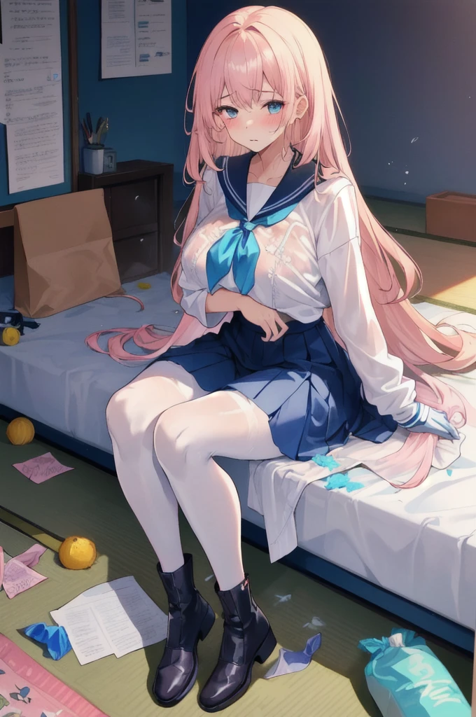 Highly detailed face, Perfect lighting, Highly detailed CG, (Perfect hands, Perfect Anatomy),Super detailed, The whole body is covered in glossy oil. A large amount of sweat is dripping from his forehead sunset Orange Room, Scattered tissue paper A lot of tissue paper is scattered on the tatami mat, Garbage is very scattered, very dirty room, Very dirty tatami bed sheets with yellowing stains here and there, Full body depiction on screen, A large amount of rolled up tissue paper, There are lots of crumpled dirty tissues lying on the ground, Heavy sweat on face, cold sweat, Sweat dripping from my forehead, Tears dripping from the edges of the mouth, Sitting on a dirty bed, A lot of tissue paper , Garbage is very scattered, Very dirty bed, A room full of scattered trash, looking at the camera Embarrassed expression Big breasts that look like their clothes will rip off very large chest Extremely distended chest huge chest bulge Dimly lit luxurious room Delicate and luxurious Western-style room Scattered tissue paper Cute long sleeve sailor uniform with lots of frills sewn into the clothes Fine frill belly long skirt high school student Illustrated style Anime Style Narrow Mouth Small lips Baby Face beautiful girl Very gorgeous and cute clothes cheeks pink Long blonde hair Super Curly Hair Super long sideburns Clothes made of rubber material Cute hair band Wet and transparent very long shocking pink silk skirt Wet and transparent pearl white pantyhose A lot of sailor ribbons Super long white silk gloves that are transparent when wet Detailed embroidery Big eyes Droopy eyes Shocking Pink Rouge Sweating profusely Crushed tissue paper Super long white leather boots Wearing tight blue bloomers My hair is wet from the rain Steam is coming out of my whole body Steam like a sauna room fills the entire screen. White breath from the mouth Where I crushed々Yellow tissue paper