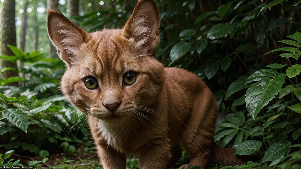 A captivating close-up photograph of a cute mystical forest creature with a lush, pink furry exterior, exuding curiosity and concern. The creature's mesmerizing bright eyes are framed by delicate fur, while its tiny paws grip the soft moss beneath it. The background is a lush, verdant tapestry of foliage, with dense ferns and vibrant green vegetation surrounding the creature. The damp, enchanting atmosphere is further accentuated by the rich hues of green, highlighting the intricate beauty and complexity of nature.