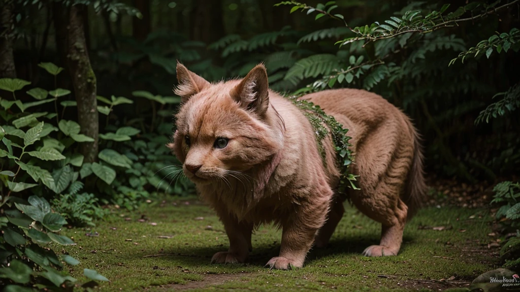 A captivating close-up photograph of a cute mystical forest creature with a lush, pink furry exterior, exuding curiosity and concern. The creature's mesmerizing bright eyes are framed by delicate fur, while its tiny paws grip the soft moss beneath it. The background is a lush, verdant tapestry of foliage, with dense ferns and vibrant green vegetation surrounding the creature. The damp, enchanting atmosphere is further accentuated by the rich hues of green, highlighting the intricate beauty and complexity of nature.