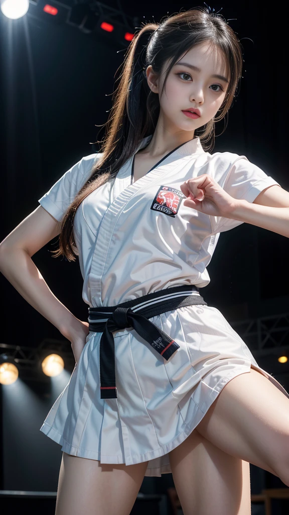 (Best Quality,8k,hight resolution,masuter piece:1.2),Ultra-detailed,Realistic:1.37,Portrait,Dynamic Angle,(Female karate athletes) ,White kimono,age girl,small head,Cute,Sporty,Charming face,Detailed beauty face,Very realistic skin,Wet skin,Sweat,Large breasts,nice legs ,Sporty,Karate Venue ,Cinematic lighting,
Full body angle,Wearing a white karate uniform,No bra,Wearing thong underwear,A white karate uniform is worn around the shoulders.,Black belt,It's necessary,M-shaped legs,Nude Bondage,rope,8 protruding nipples overflowing from the cleavage of the karate uniform,A full body image including the toes
