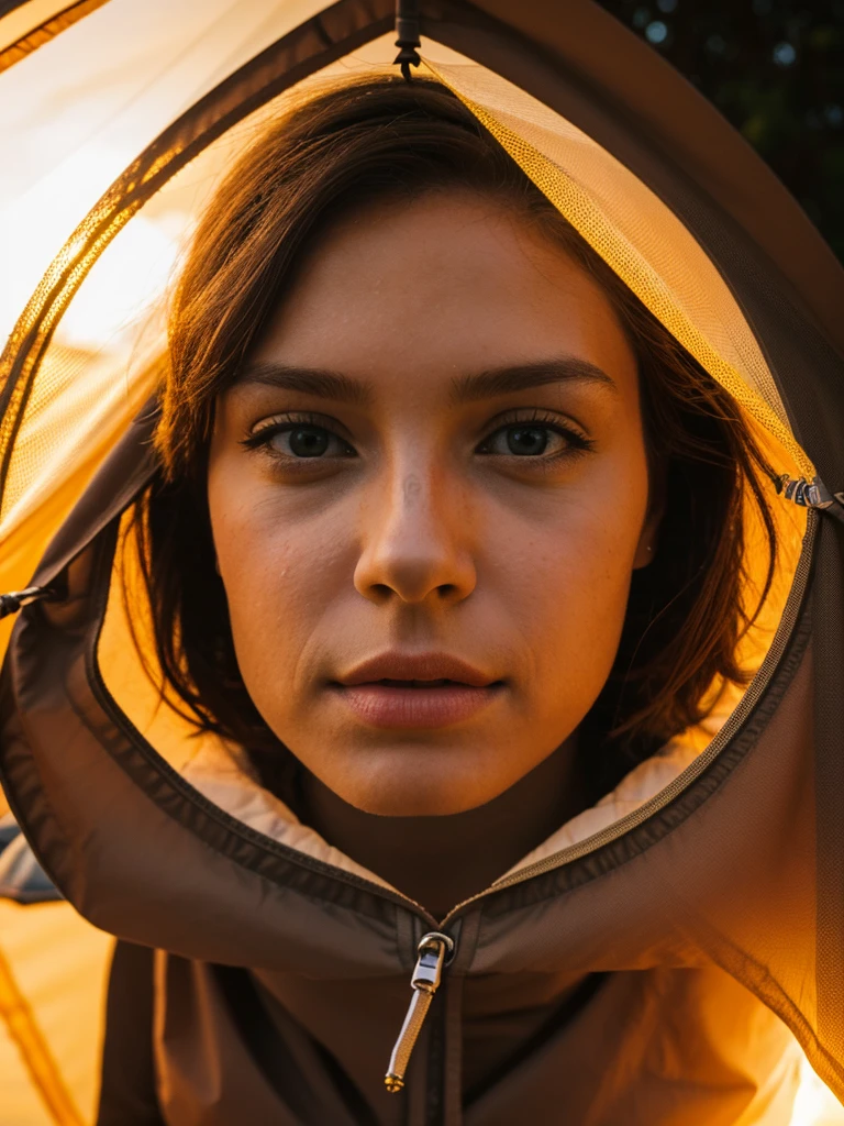 a girl in a camping tent, beautiful detailed eyes, beautiful detailed lips, extremely detailed face and skin, long eyelashes, camping gear and supplies, survival tools, campfire, lake, waterfall, sunset, birds flying, (best quality,4k,8k,highres,masterpiece:1.2),ultra-detailed,(realistic,photorealistic,photo-realistic:1.37),landscape,warm colors,dramatic lighting