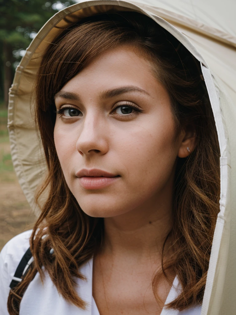 a girl in a camping tent, beautiful detailed eyes, beautiful detailed lips, extremely detailed face and skin, long eyelashes, camping gear and supplies, survival tools, campfire, lake, waterfall, sunset, birds flying, (best quality,4k,8k,highres,masterpiece:1.2),ultra-detailed,(realistic,photorealistic,photo-realistic:1.37),landscape,warm colors,dramatic lighting