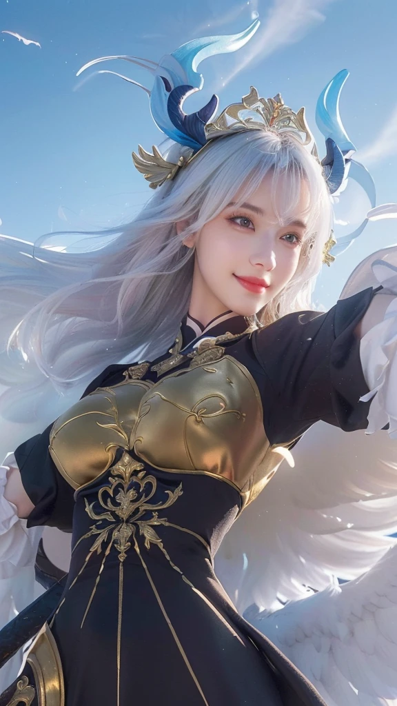 a close up of a girl with a sword and wings, white hair, smiling, portrait, knights of zodiac girl, (best quality,4k,8k,highres,masterpiece:1.2),ultra-detailed,(realistic,photorealistic,photo-realistic:1.37),HDR,UHD,studio lighting,ultra-fine painting,sharp focus,physically-based rendering,extreme detail description,professional,vivid colors,bokeh,portrait,fantasy,magical realism