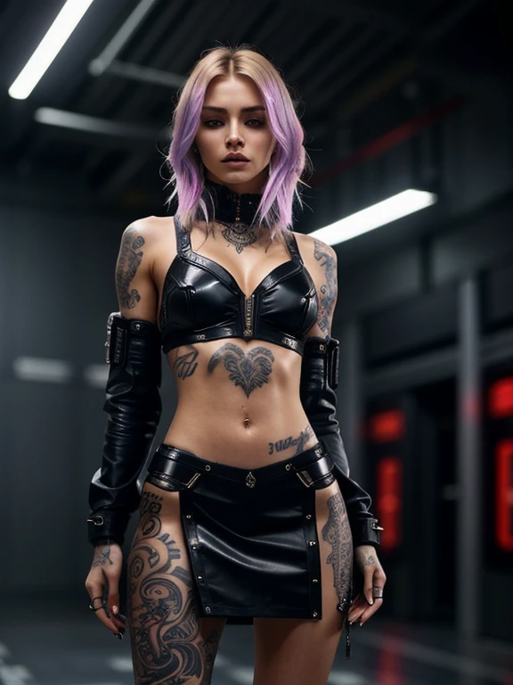 Beautiful photograph, low angle shot, intricate details, full body shot of a Icelandic girl. light hair color tones with cyberpunk hairstyle features clad in a scantly clad cyber outfit, tattoos, dark angelic, in the style of high fashion, absolutely lavish surfaces, vivid colors, a mesmerizing blend of light and shadow, unique natural textures,