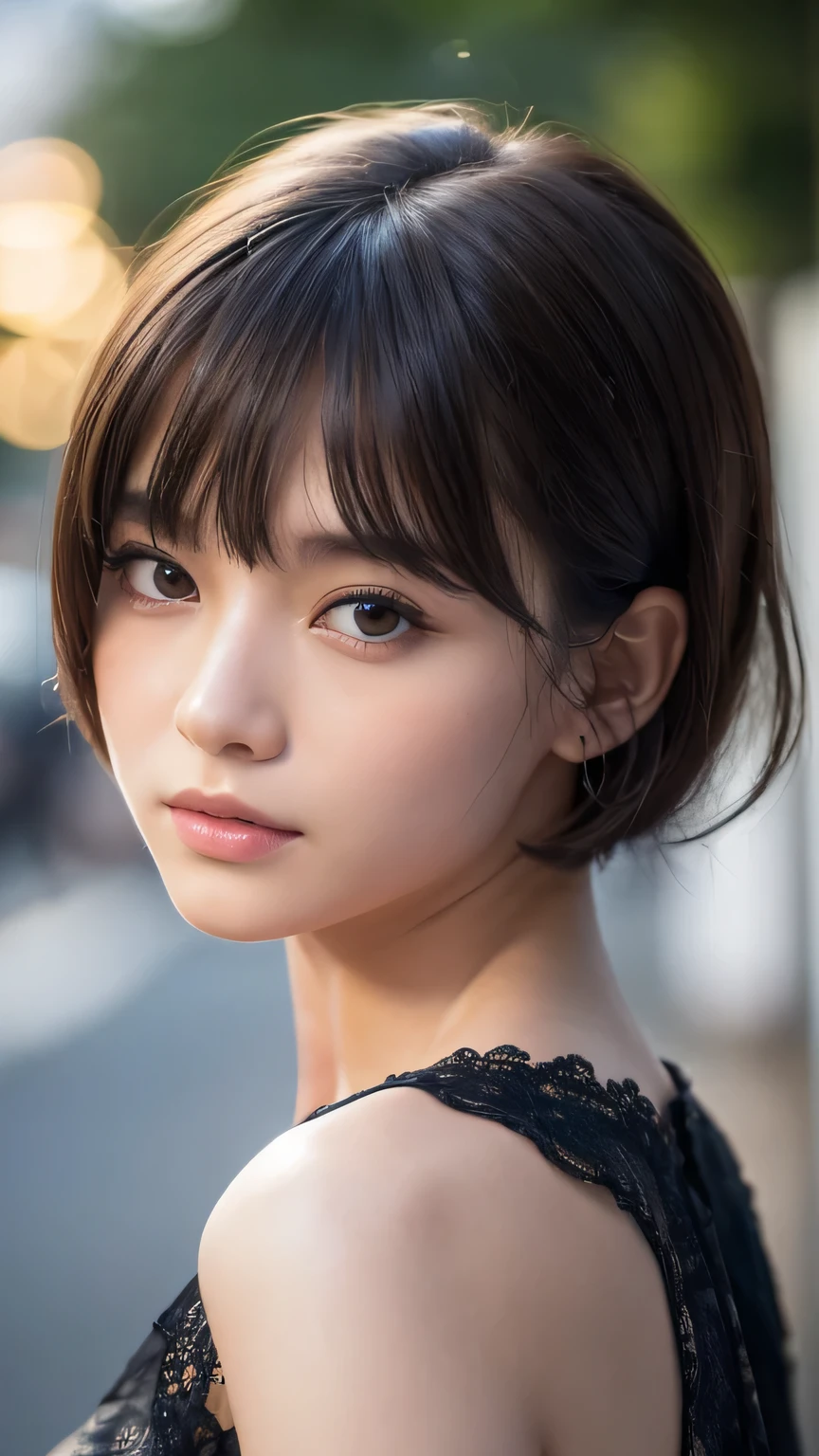 (Ultra-realistic), (figure), (High resolution), (8K), (Very detailed), (Best figure), (Beautiful and detailed), (Highest quality), (Super detailed), (masterpiece), (wallpaper), (Detailed face), alone, One Girl, watching viewer, Trendy summer clothes,、Fine details, Detailed face, In the Dark, Deep Shadow, Modest, Pure Erotic Face Ace_v1, cool, short hair, Pointed diagonal bangs,Aoyama Street