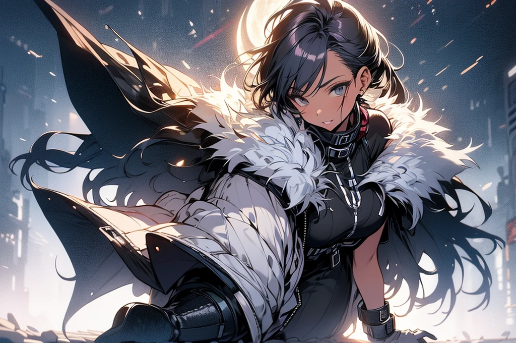 Original photo, Highest quality, Full body photo), (Realistic, Photographic fidelity: 1.3), (Very delicate and beautiful: 1.1) 1 woman chiseled physique and Wide Hips, leggings, Pleated skirt, Sports Top, High Ponytail, High Boots, Long fur jacket, On a hazy moonlit night in a ghost town, Monochrome style, Line art, Detailed face, Detailed eyes, Detailed lips, Wide Hips