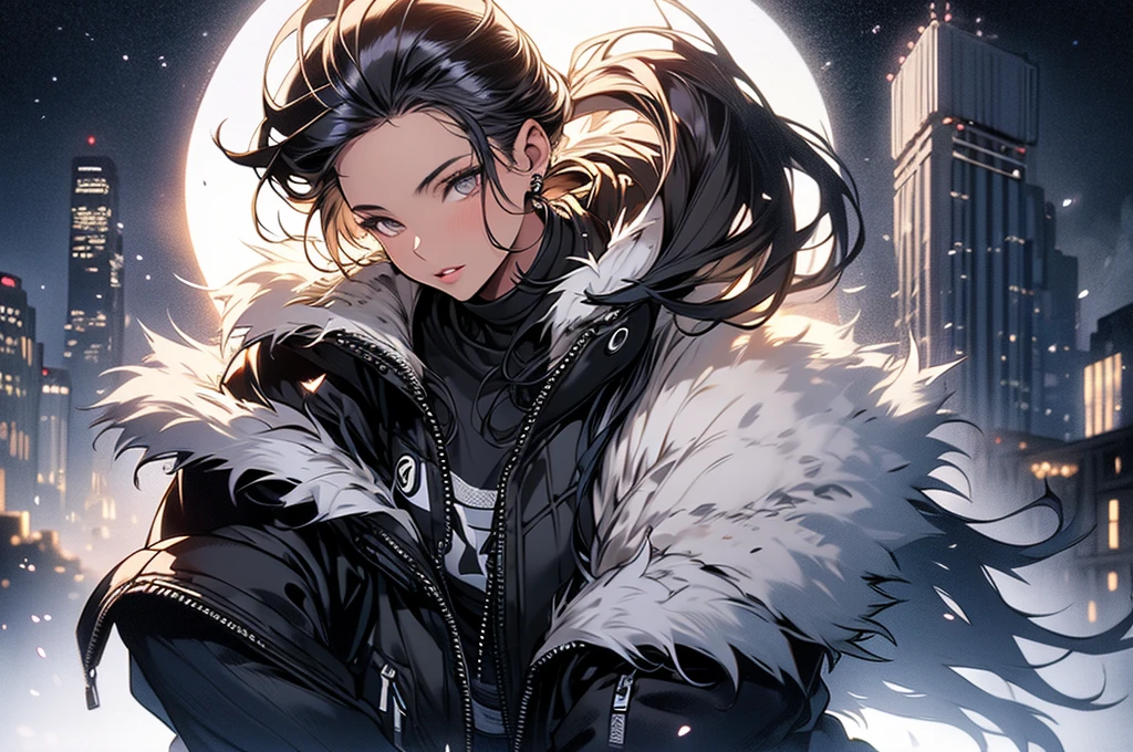 Original photo, Highest quality, Full body photo), (Realistic, Photographic fidelity: 1.3), (Very delicate and beautiful: 1.1) 1 woman chiseled physique and Wide Hips, leggings, Pleated skirt, Sports Top, High Ponytail, High Boots, Long fur jacket, On a hazy moonlit night in a ghost town, Monochrome style, Line art, Detailed face, Detailed eyes, Detailed lips, Wide Hips