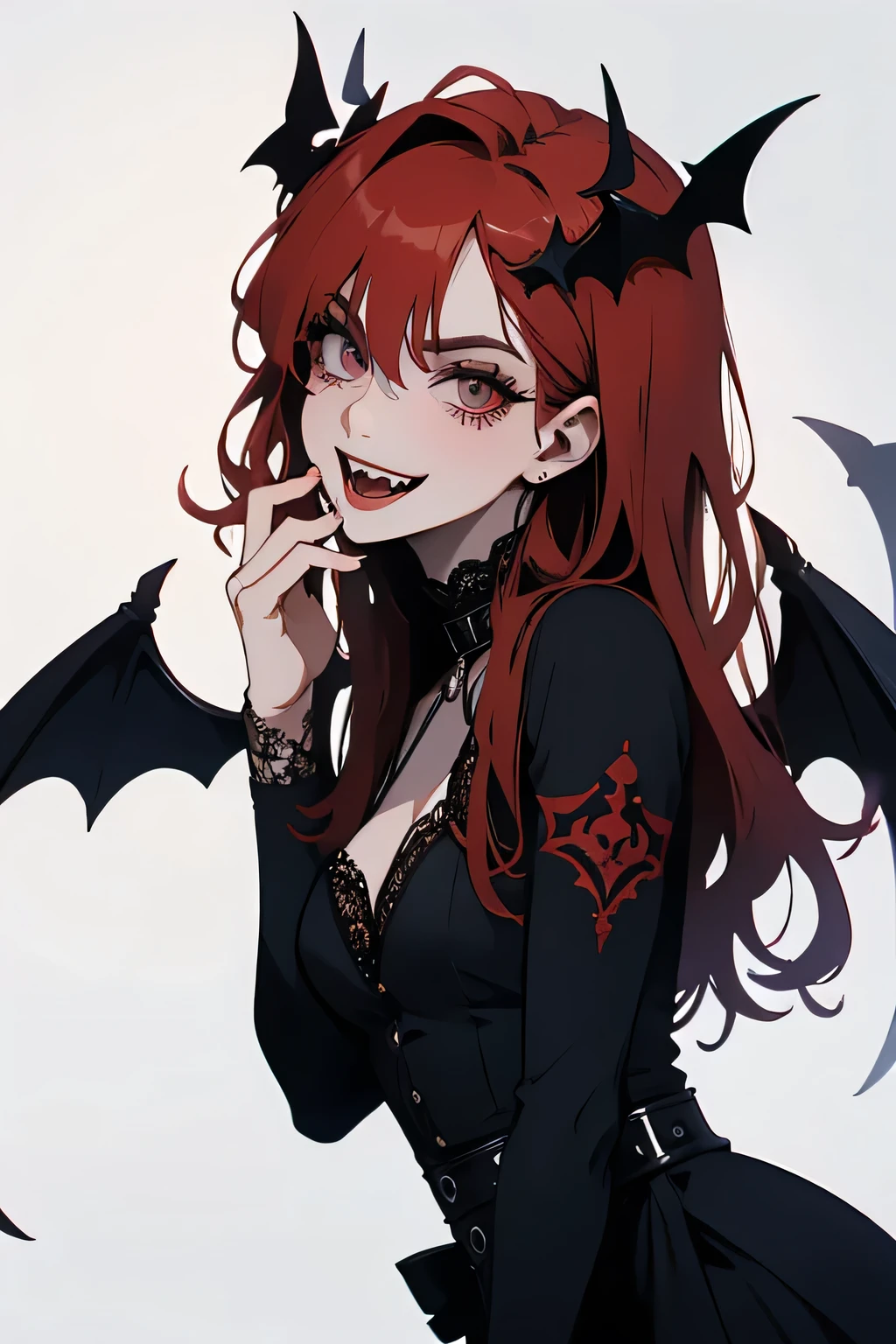 Red eyes, Colmillos de dientes de Vampire, Bloody way, blood out of mouth, affected smile,bat like wings, scary, open mouth, angry eyes, Vampire