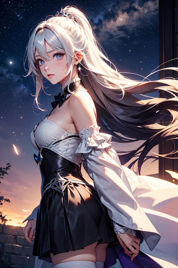 (masterpiece:1.5, Highest quality, Very detailed、 Dutch Angle、Semi-Realistic、Fantasy)(One girl, alone)(White and beautiful hair:1.4,,Straight Long Hair)(White based dress, zettai ryouiki)、((medium breasts))(from backside)(Beautiful starry sky、Mystical Night、Particles of light float around the woman、Fantasyな空間)Kiana Kaslana
