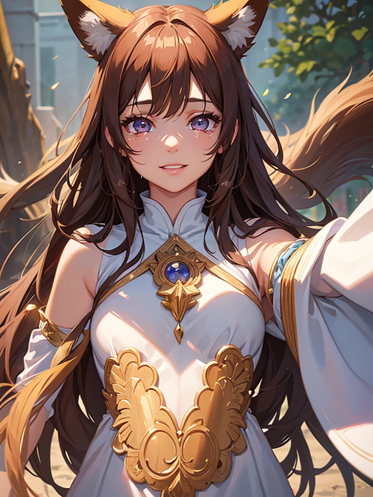 a girl with fox ears, smiling, crying, long brown hair with bangs, left eye pink, right eye blue, detailed face, beautiful detailed eyes, beautiful detailed lips, extremely detailed eyes and face, long eyelashes, emotional expression, oil painting, digital painting, 8k, highly detailed, photorealistic, masterpiece, vibrant colors, dramatic lighting