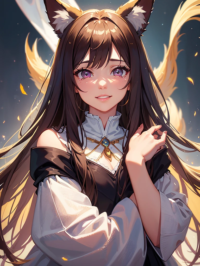 a girl with fox ears, smiling, crying, long brown hair with bangs, left eye pink, right eye blue, detailed face, beautiful detailed eyes, beautiful detailed lips, extremely detailed eyes and face, long eyelashes, emotional expression, oil painting, digital painting, 8k, highly detailed, photorealistic, masterpiece, vibrant colors, dramatic lighting