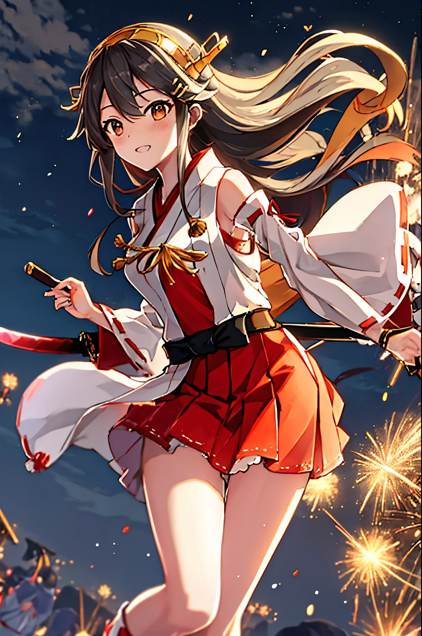 4K, Highest quality, Fleet Collection,Haruna,Miko costume,Brandishing a Japanese sword,Fantasy,
