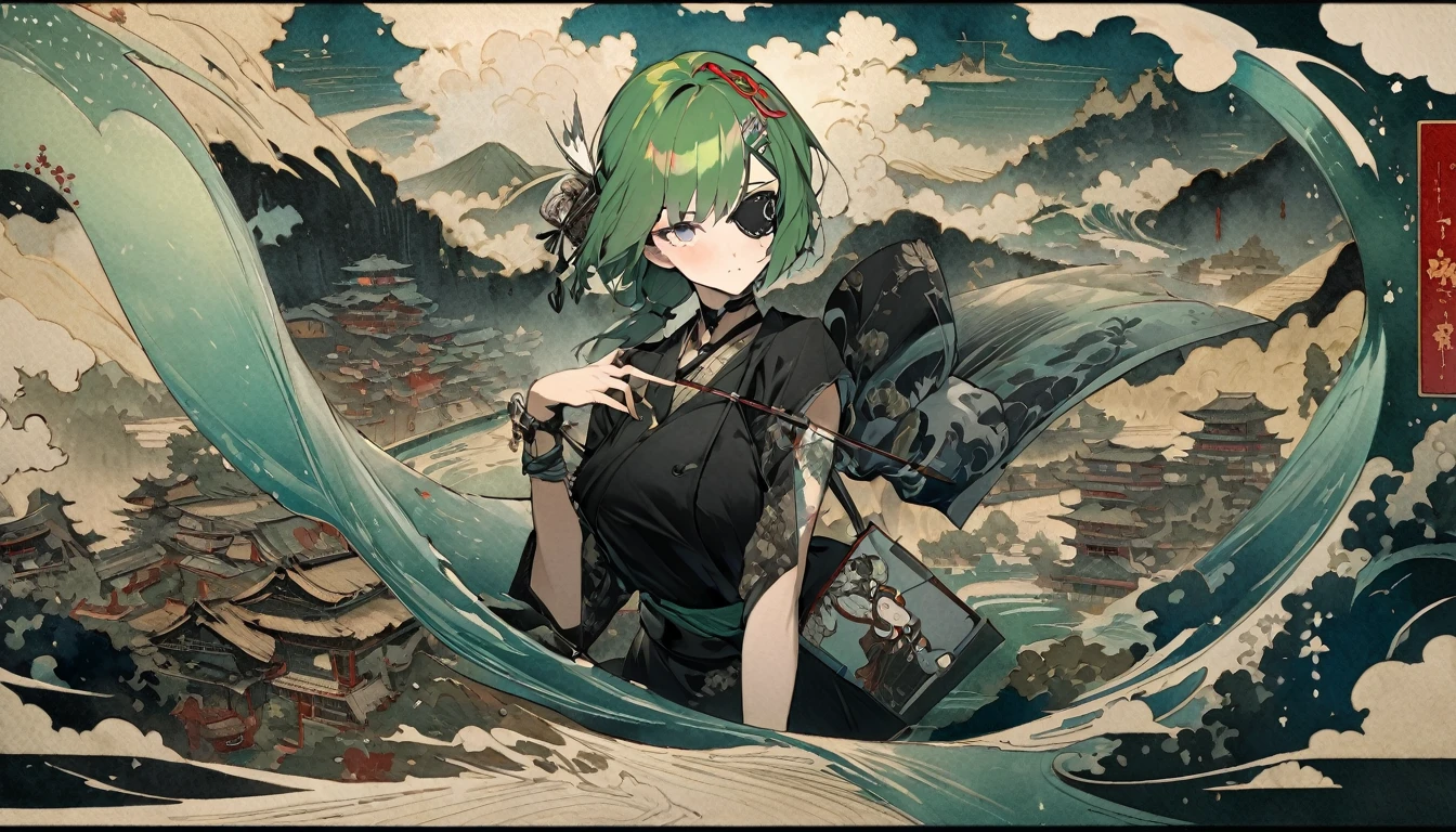 A fusion of watercolor and oil painting, A fusion of paper cutting and shadow art, Mix of Japanese paintings, Ukiyo-e and woodblock prints, Mixing monochrome and color, Highest quality, Super quality, 16K, Incredibly absurd, Very detailed, 2.5D, delicate and dynamic, Beautiful woman, (Eye patch), Bright green hair tied up, hairpin, accessories, Black Dress, Redline, Captivating look, Best body shape, Charm Pose, Iridescent, A kaleidoscope of stylish cityscapes, Combine steampunk, Clockpunk, Dieselpunk and Cyberpunk