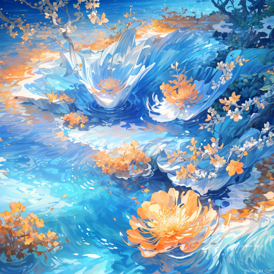 (best quality,4k,8k,highres,masterpiece:1.2), ultra-detailed, (photorealistic:1.37), (CG:1.1) (best quality) of a natural, blue sea with delicately colored tree leaves and orange flowers petals falling in the air, light tracing, ultra-detailed, (best shadows) and (illustrations) landscape no humans
