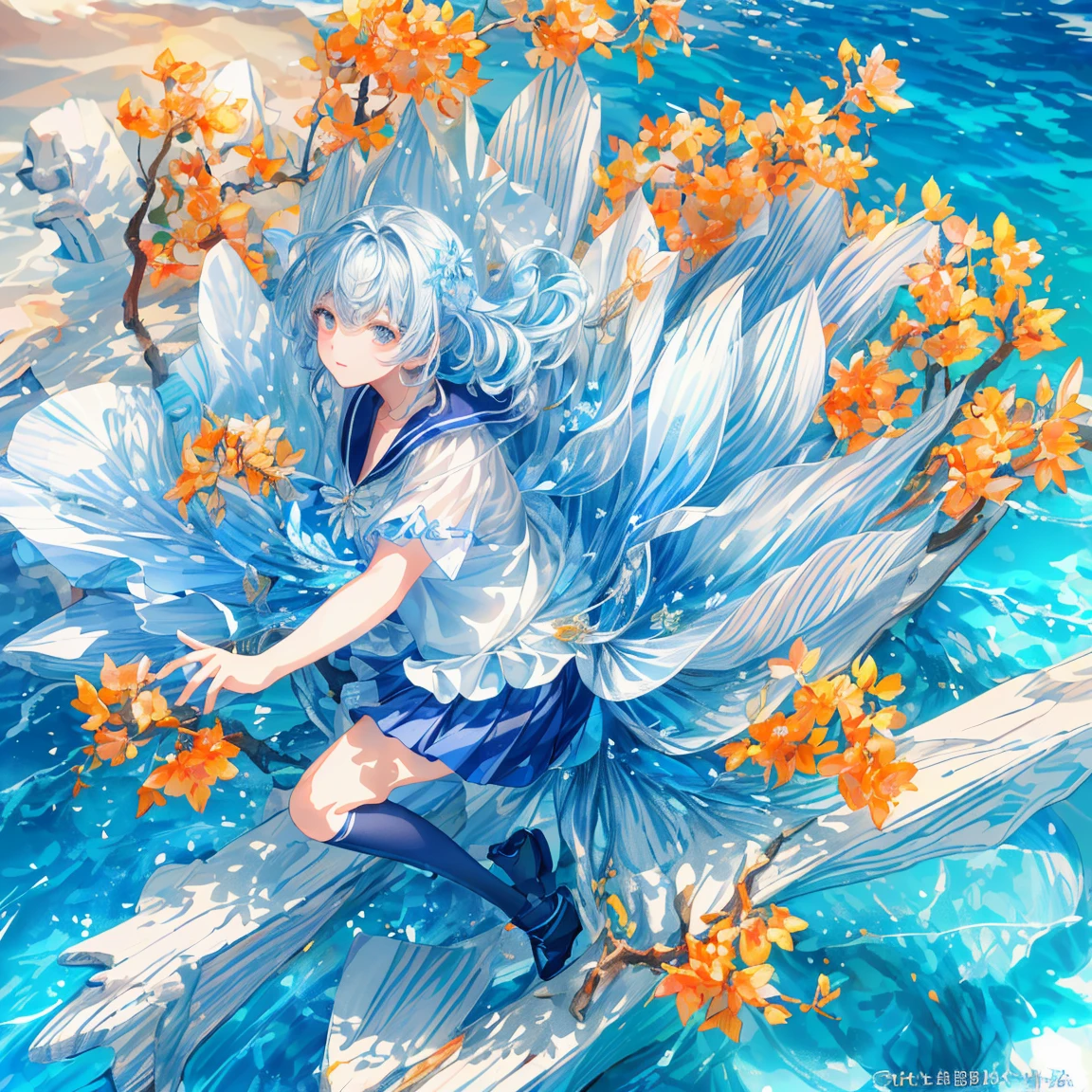 (best quality,4k,8k,highres,masterpiece:1.2), ultra-detailed, (photorealistic:1.37), (CG:1.1) (best quality) of a natural, blue sea with delicately colored tree leaves and orange flowers petals falling in the air, light tracing, ultra-detailed, (best shadows) and (illustrations) landscape no humans