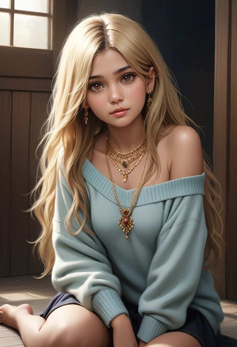 a Shouth Indian girl 16year old, solo, long hair, small breasts, looking at viewer, blonde hair, bare shoulders, brown eyes, jewelry, full body, necklace, off shoulder, sweater, lips, realistic, nose, flirting,