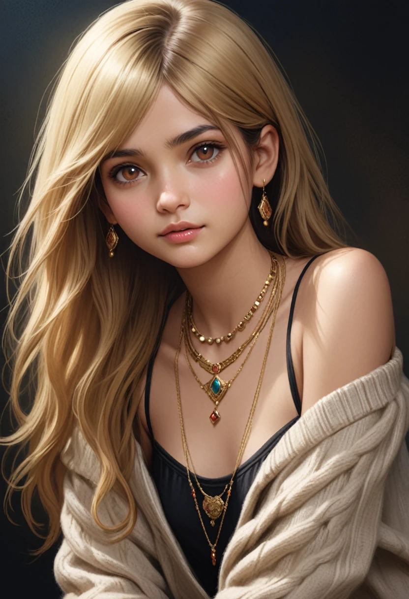 a Shouth Indian girl 16year old, solo, long hair, small breasts, looking at viewer, blonde hair, bare shoulders, brown eyes, jewelry, full body, necklace, off shoulder, sweater, lips, realistic, nose, flirting,