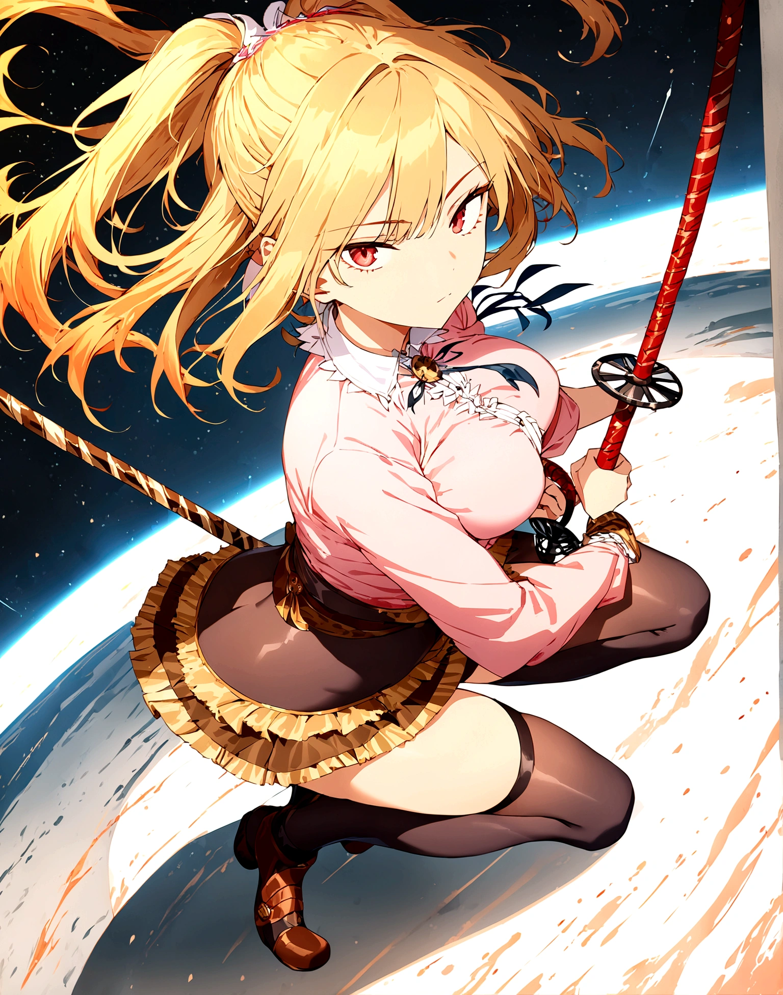 An absurd solution, High resolution, (masterpiece: 1.4), Very detailed, One Girl, From above, space, floating, Platinum Blonde, Medium Hair, Red eyes