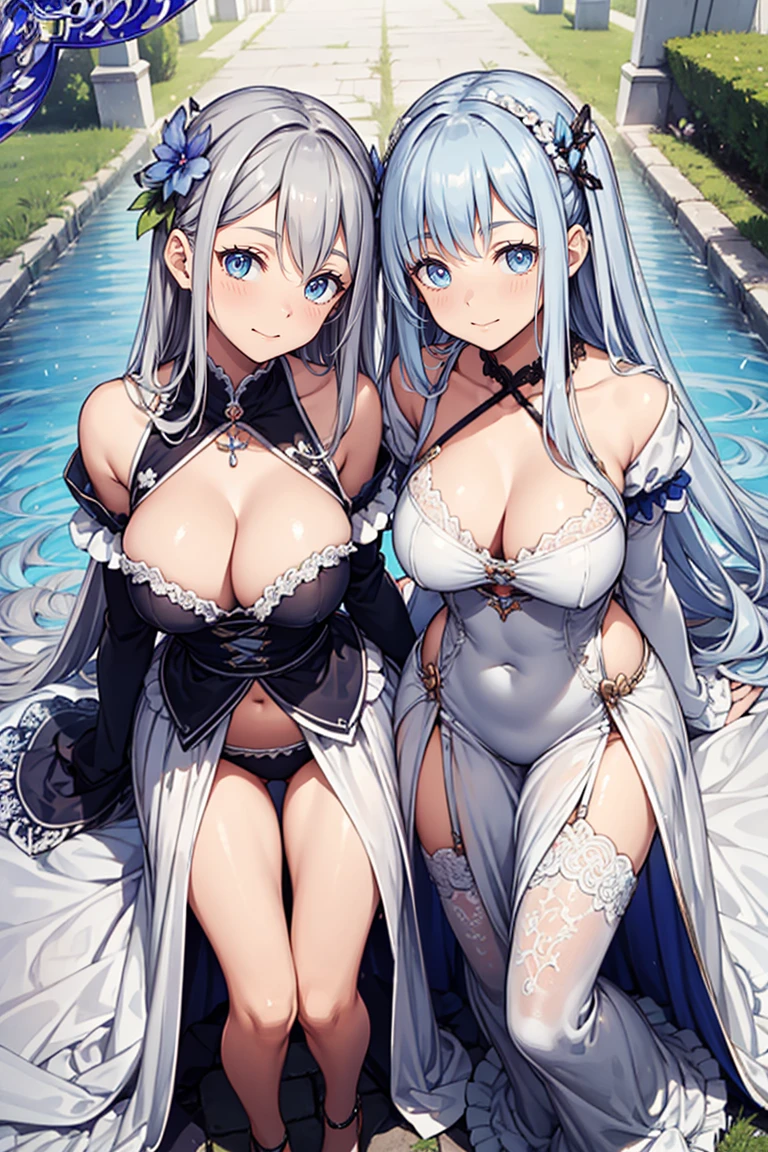 saint，Have fun，in love，(Western Style Magic White Dress)，silver hair，blue eyes，seductive pose,Dressed so beautifully，transparent clothes，Lilac texture，blue texture，puffy sleeves，Ruffle，lace，flower decoration，Decorative cloth，bow，european courtyard，2 people,big breasts,Show your breasts,The crevice is clear.