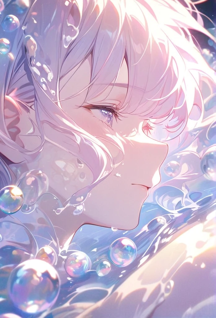 A person lying in water，With fluid abstract，Reflection and mirroring styles，Clear light pink，Clear water，White soap bubbles，Bokeh shots，Close-up from the neck up，Head close-up