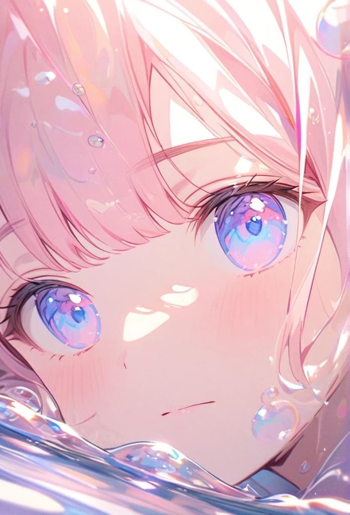 A person lying in water,With fluid abstract,Reflection and mirroring styles,Clear light pink,Clear water,White soap bubbles,Bokeh shots,Close-up from the neck up,Head close-up