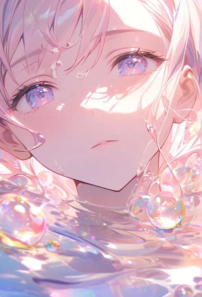 A person lying in water,With fluid abstract,Reflection and mirroring styles,Clear light pink,Clear water,White soap bubbles,Bokeh shots,Close-up from the neck up,Head close-up