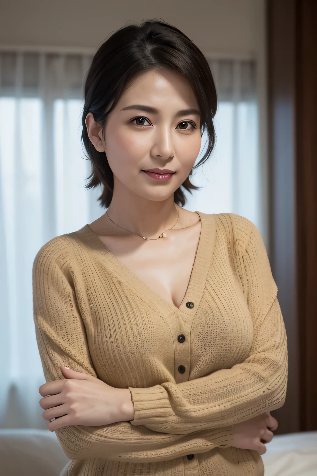 (In 8K, Highest quality, masterpiece:1.2), (Realistic, Photorealistic:1.37), Ultra-detailed, Natural light, Small breasts, I can see her cleavage, 1 person, 45-year-old woman, Black Hair, pendant, Light knit V-neck shirt, Highly detailed face and skin, Detailed eyes, Highly detailed face and skin、Take a full-body photo、color々A pose