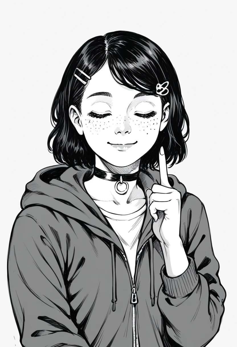 score_9, score_8_up, score_7_up, sp1t, monochrome, source_anime, 1girl, solo, woman,, 1girl, upper body, closed eyes, smile, (index finger raised), closed eyes, closed mouth, white background, choker, Freckles, hairclip, jacket, hoodie, (dynamic angle),