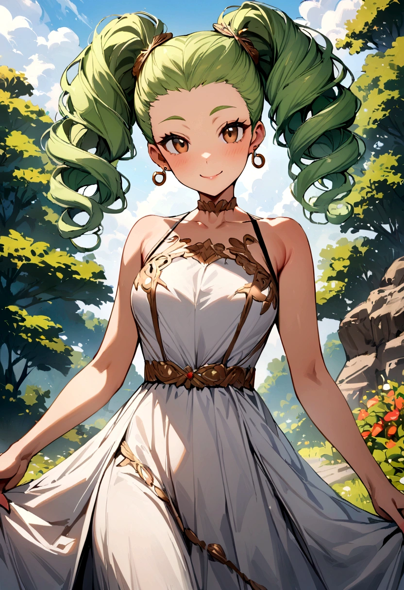 Masterpiece, High Quality, Ultra High Resolution, Solo, Outdoor, Looking at the viewer, Smiling, Kay, Alone girl, Long hair, Curly hair, Perm, Green hair, Earrings, Brown eyes, Healthy skin, Beautiful woman, Dress, Hairstyle pattern, Twin tails, Active girl, Facial features