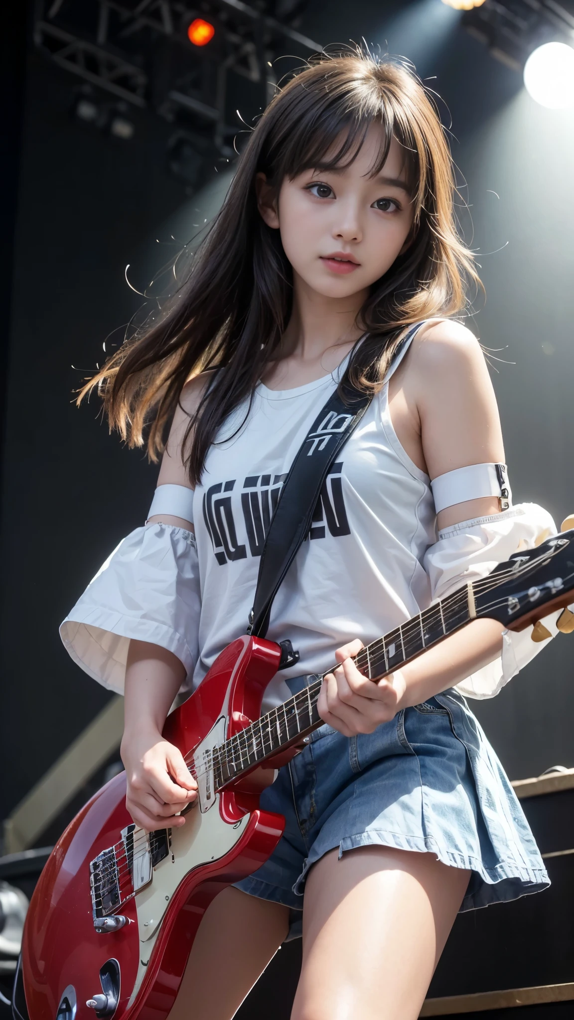 ((Beautiful girl playing electric guitar on stage at school festival:1.2)), (Table Top), (Highest quality, 8K, masterpiece:1.2, RAW Photos), (Realistic:1.2), Japanese, (Innocent face,  beautiful girl:1.2, Baby Face:1#39;s face), Stand with your feet apart, Thin thighs, Knee-high, (Sexy Panty Shots:1.4), (Cute tank top and mini pleated skirt:1.2), (Beautiful breasts, Fascinating cleavage), Silky beautiful hair, Short pigtails, ((Detailed eyes and face:1.2, Professional photography techniques, Stage lighting)), (Detailed hands, A girl&#39;s small and beautiful hands:1.2), Outdoor Spectators