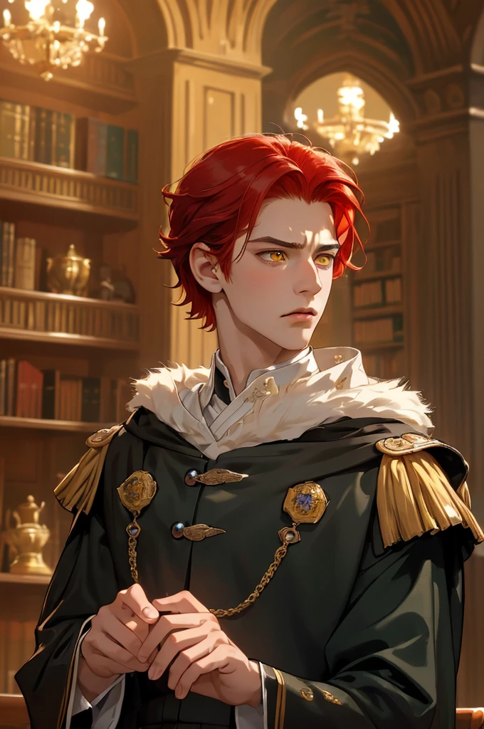 (masterpiece, highest quality), a close up side face shot of a young man with red hair and yellow eyes 3/4 face shot of a young noble man, background inside castle library, the man has a frustrated face expression, highly detailed, five fingers normal human anatomy