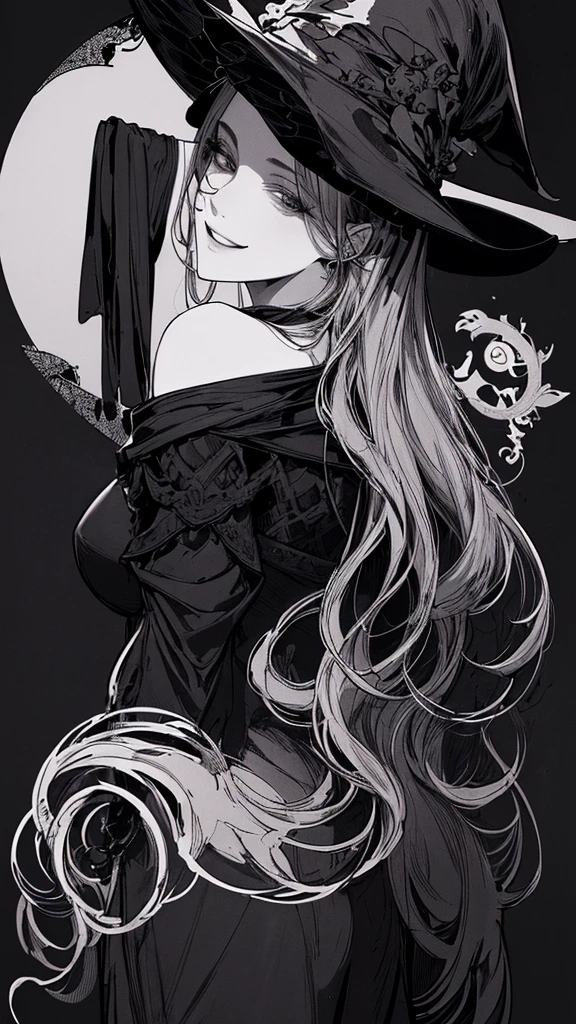 Highest quality, (Background details), High Contrast, Very beautiful woman, Detailed original illustrations、functional、witch、Pointed hat、Black Robe、Delicate face、Charm、Villainess、sexy、Real breasts、Crazy Smile, Crazy Eyes,   Black background, (Black background: 1.5), Beautiful line art、Monochrome