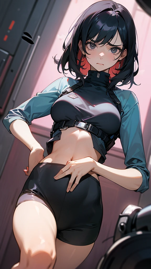 A woman in her 20s with both hands on her stomach. Black hair. She looks troubled by her stomachache.
