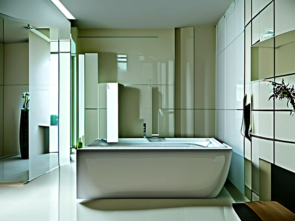 Indoors, the entire room is shot from the front at a 45-degree angle, with light beige tiles lining the walls. Modern luxury bathroom with minimalist design. Featuring a large floating vanity with white top and rectangular sink, dark wood drawers and elegant faucets. A large rectangular backlit mirror spans the wall behind the vanity. There is a freestanding oval bathtub on the light tiled floor to the right. Tall vases with white flowers and green plants were placed around the room. The lighting is warm and atmospheric. Super detailed, authentic, high quality