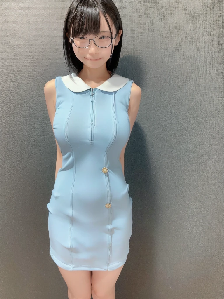 (masterpiece:1.3)、(Highest quality:1.3)、(8K:1.3)、(Very detailed:1.3)、(Realistic:1.3)、(very precise picture)、(Very accurate outfit)、(Biologically correct)、girl、alone、Realistic、View your viewers、Black Hair、Glasses、Simple Background、(smile)、Big Breasts、whole body、One-piece dress with buttons and collar、See-through and sleeveless