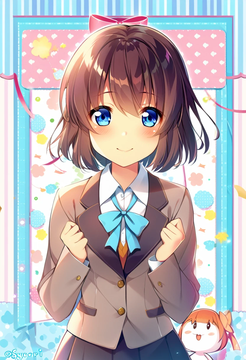 one girl, cute, blazer, bow, Sayori, my childhood friend, cute, short hair, blush, light blue eyes, cheerful girl, cartoon style