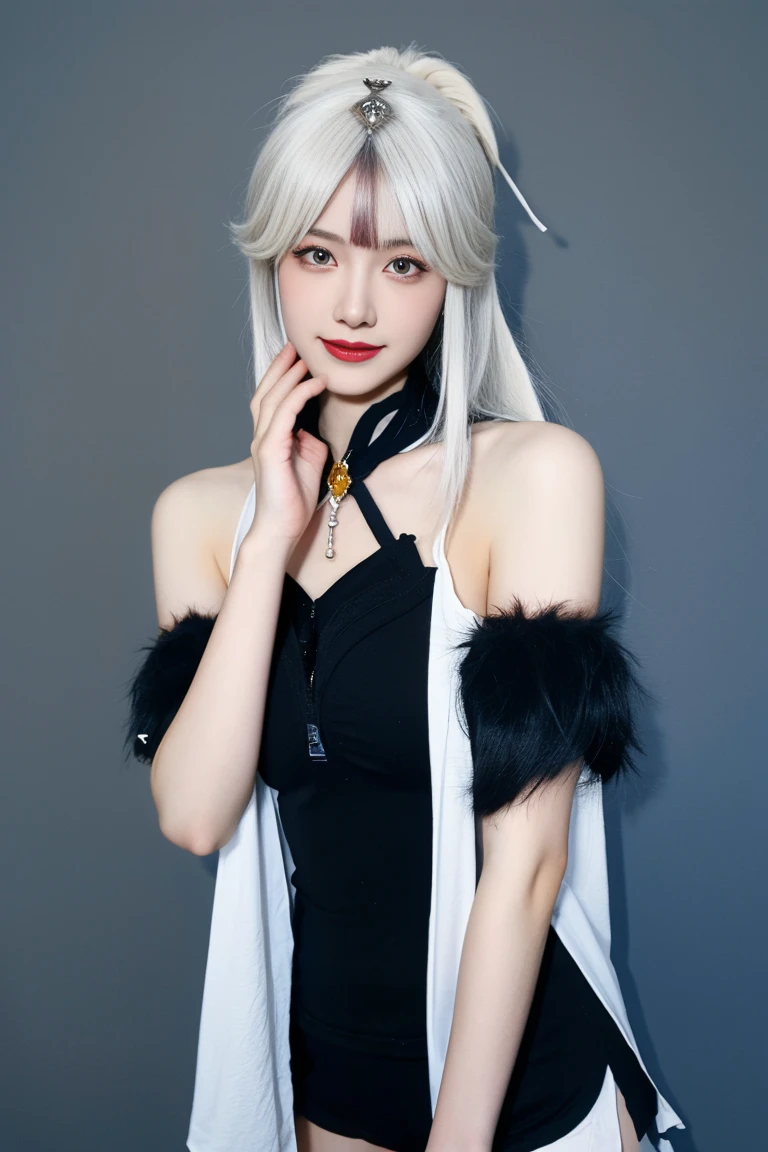 best quality, tmasterpiece,Ultra-high resolution,Clear face,（Reality：1.4），ferpect lighting，(upper body shot:1.5), (photorealistic:1.50), anime wallpaper, Guviz style artwork, cover-up fantasy up to magic , by Yang J, Guviz, beautiful artwork illustration, beautiful digital artwork, beautiful digital illustration, Li Song, beautiful anime portrait, art style in Beauvot,1girl, silver hair, long hair,bangs, smile,Blush,(front:1.3),(standing:1.3), Bare shoulders, Cheeks flushed, Blush, Eye bags closed, double eyelids,
kamisato ayaka, long hair, ponytail, hair band, hair ornament, mole under the eye, blue eyes, breastplate, Tank top, (sleeveless), (bare shoulders), (black shorts:1.5), tassel, gray background , upper body, smile, closed mouth, Arms behind back,