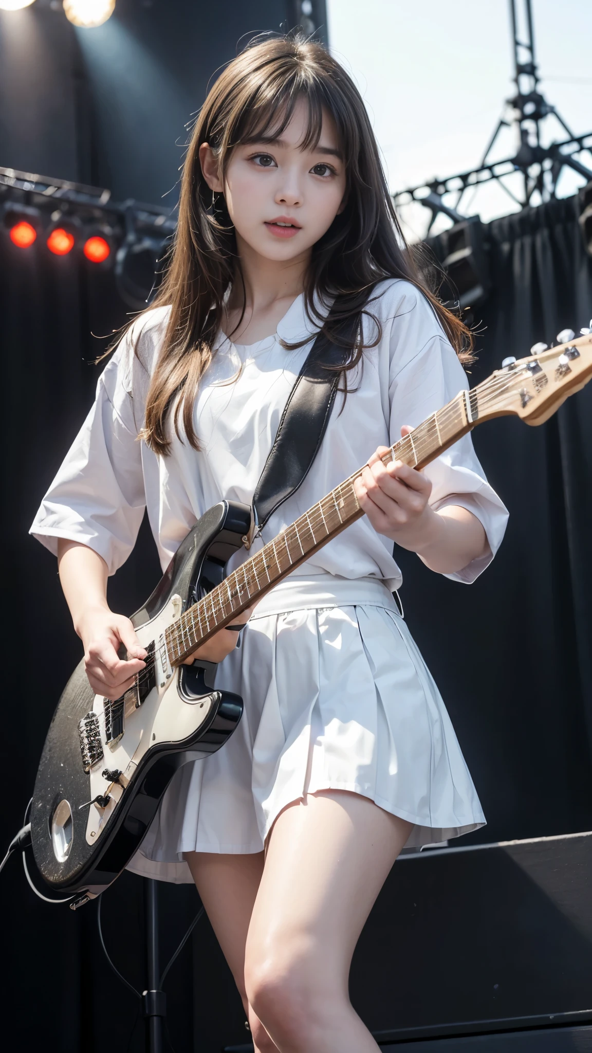 ((Beautiful girl playing electric guitar on stage at school festival:1.2)), Daytime outdoor live performance, Outdoor Spectators, Huge excitement, (Table Top), (Highest quality, 8K, masterpiece:1.2, RAW Photos), (Realistic:1.2), Japanese, (Innocent face, old beautiful girl:1.2, Baby Face:1.5, Idol's face), Stand with your feet apart, Thin thighs, Knee-high, (Sexy Panty Shots:1.4), (Cute tank top and mini pleated skirt:1.2), (Beautiful breasts, Fascinating Cleavage:1.2), Silky beautiful hair, Short pigtails, ((Detailed eyes and face:1.2, Professional photography techniques, Stage lighting)), (Detailed hands, A girl's small and beautiful hands:1.2),