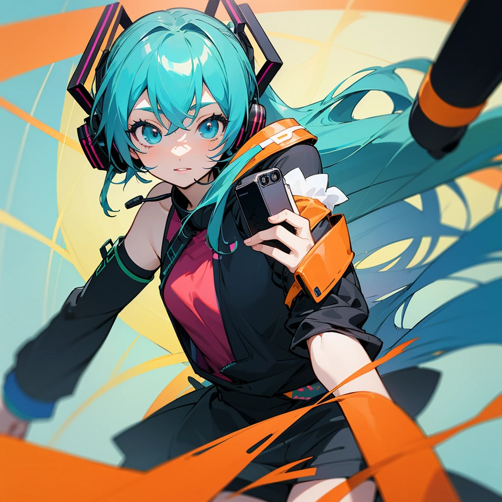 Anime girl with green hair and headphones holding a mobile phone, Puru-inspired anime drawings, pixiv Contest Winner, Neoism, Anime Moe Art Style, mikudayo, Nightcore, Android Heroine, Official artwork, High quality anime art style, Vocaloid, Hatsune Miku portrait, Perfect android girl, Anime Style 4k, Cute girl anime visuals