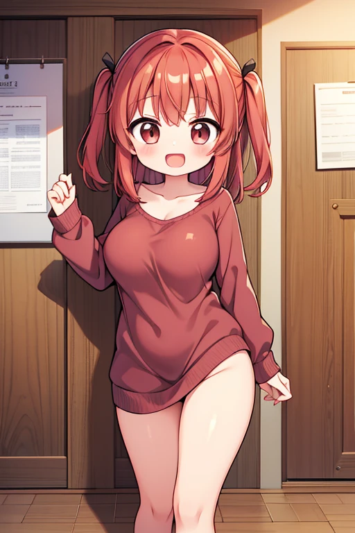 1 cute girl, (short stature:2.0, huge breasts:1.3, disproportionate breasts:1.3, thick legs:1.2, ddler body:1.2), two side up, long hair, BREAK (red hair:1.1), brown eyes, BREAK (naked:1.3), (blush, ;d, yuruyuri), full body, from front, BREAK at the adventurer's guild, A bulletin board with posted paper,