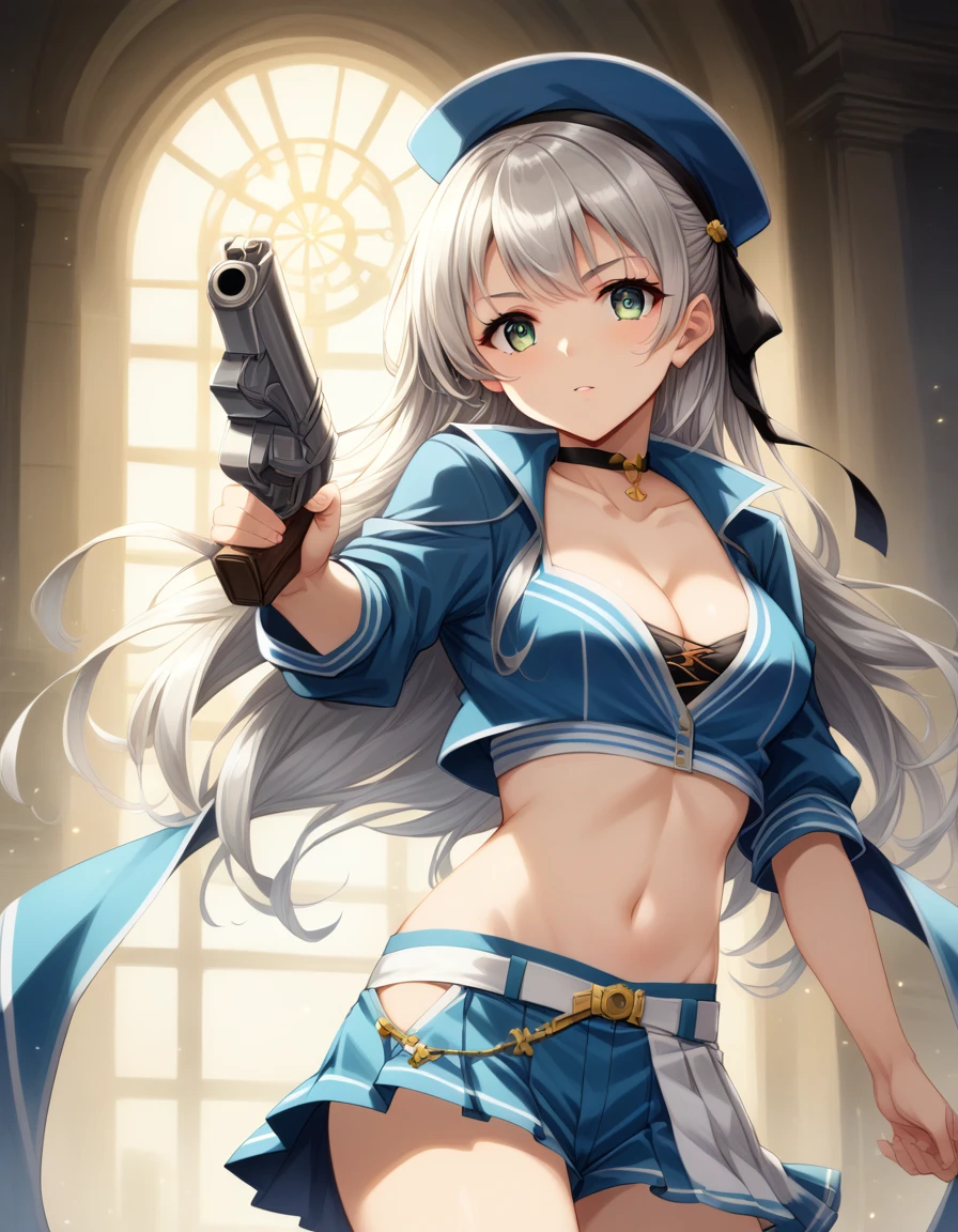 score_9,score_8_up,score_7_up,score_6_up,score_5_up,score_4_up, ,source_anime BREAK,from front,front view,(soro focus),,straight-on,standing,,looking at viewer,masterpiece, best quality, very aesthetic, absurdres,extremely detailed CG unity 8k wallpaper,cinematic angle, great lighting, detailed shadows,detailed body, anime artwork, anime style, key visual, vibrant,studio anime, highly detailed, anime coloring,raceElie, hairband, choker, blue hat, blue jacket, cropped jacket, cleavage, midriff, blue shorts, pleated skirt,holding a gun,silver gun,aiming at viewer, focused gun, (zoom in upper body:1.2),