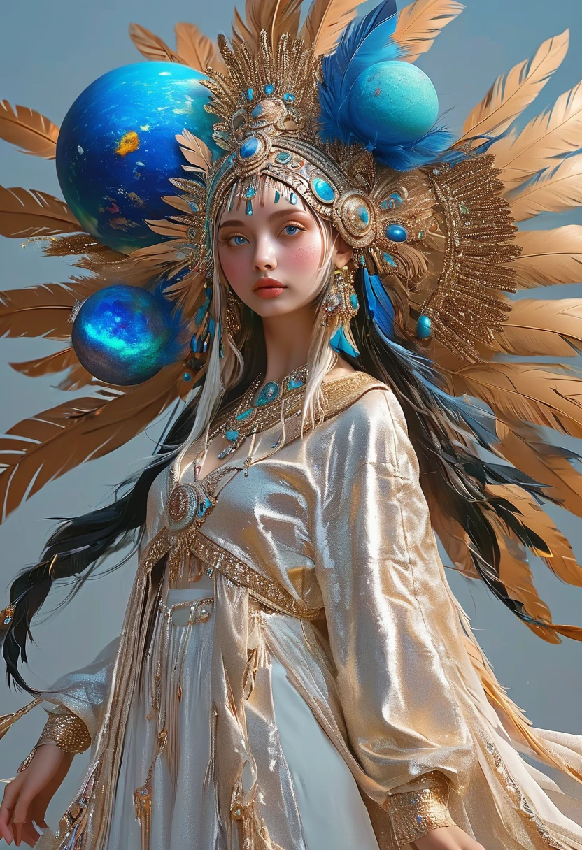(masterpiece, best quality:1.2), 1 beautiful girl,Exquisite facial features,Bright Eyes,Skin details,Exaggerated planet headdress,track,Clean background