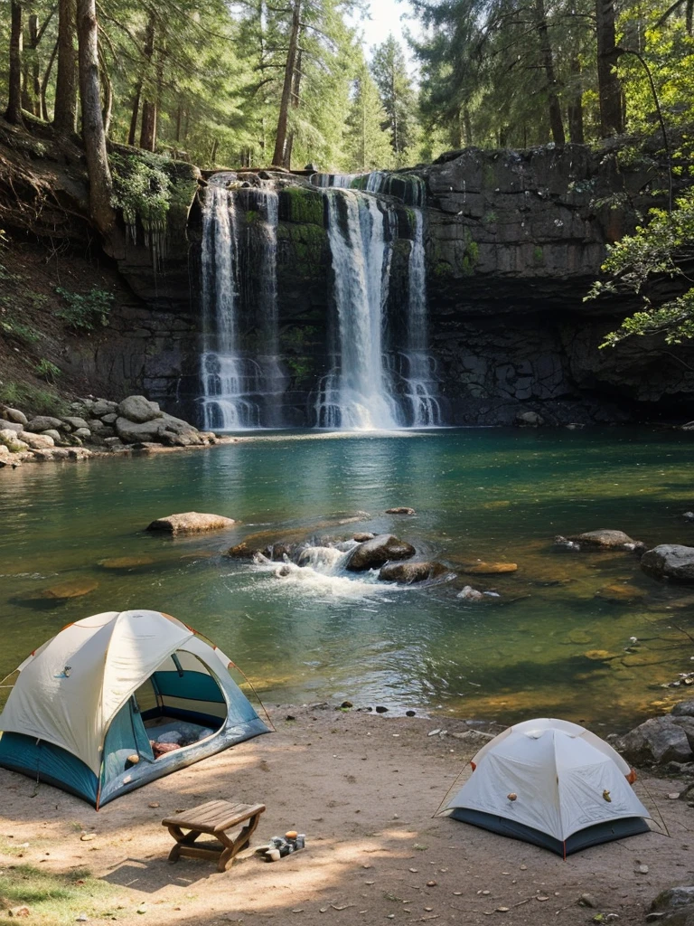 a tranquil camping scene with a tent, survival tools, and a beautiful lake with a waterfall in the background, serene and peaceful atmosphere, realistic, photorealistic, photo-realistic, high quality, hyper detailed, 8k, masterpiece, vibrant colors, natural lighting, soft focus, serene landscape