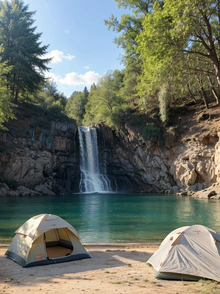 a tranquil camping scene with a tent, survival tools, and a beautiful lake with a waterfall in the background, serene and peaceful atmosphere, realistic, photorealistic, photo-realistic, high quality, hyper detailed, 8k, masterpiece, vibrant colors, natural lighting, soft focus, serene landscape