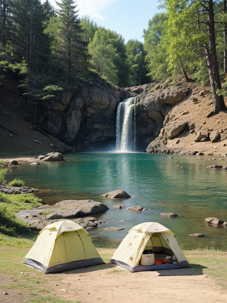 a tranquil camping scene with a tent, survival tools, and a beautiful lake with a waterfall in the background, serene and peaceful atmosphere, realistic, photorealistic, photo-realistic, high quality, hyper detailed, 8k, masterpiece, vibrant colors, natural lighting, soft focus, serene landscape