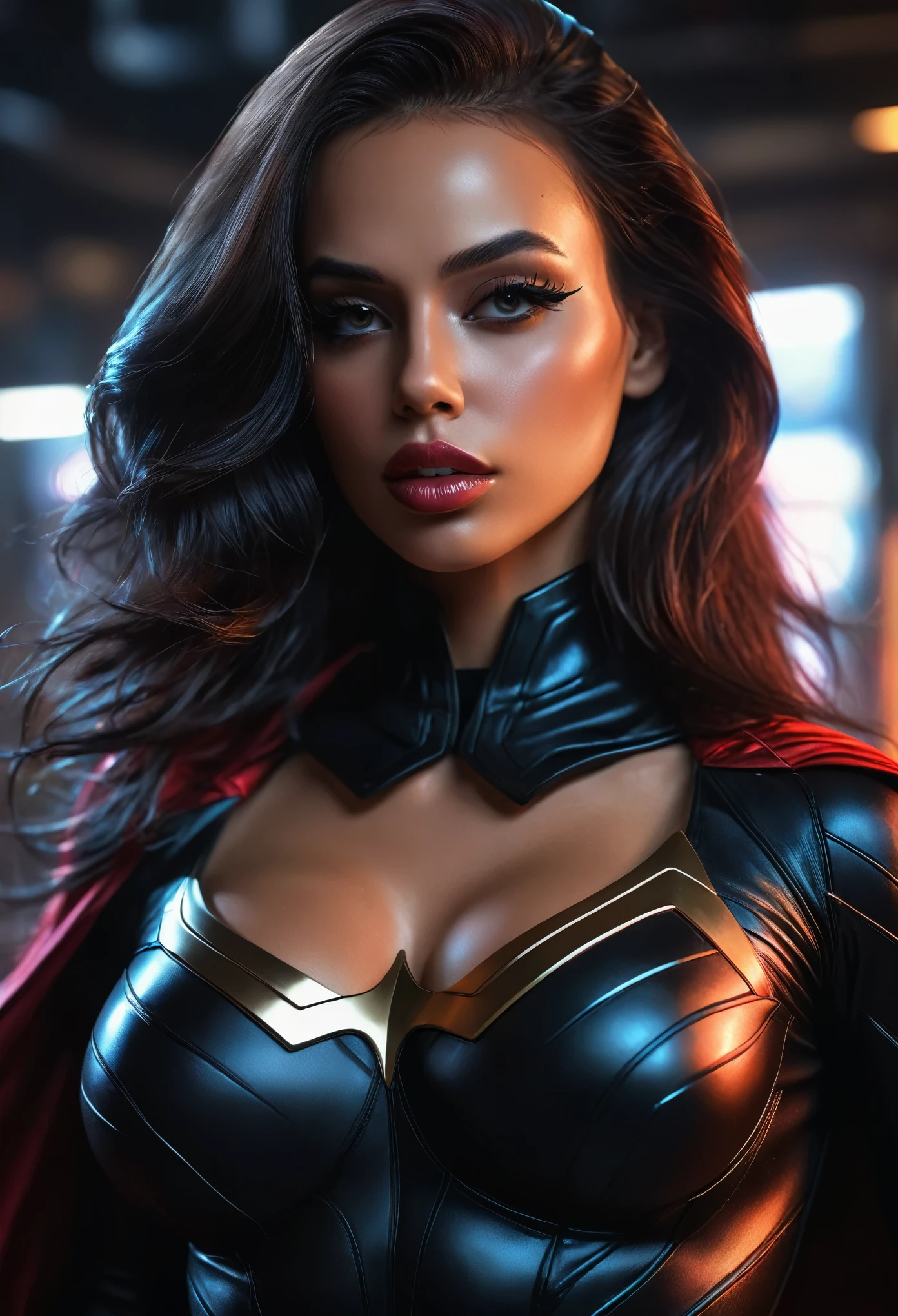 A sexy dark superheroine with, powerful and seductive, detailed facial features, cinematic lighting, dynamic pose, dramatic atmosphere, vibrant colors, digital art, hyper realistic, 8k, award winning illustration, masterpiece UHD, 8k black outfit