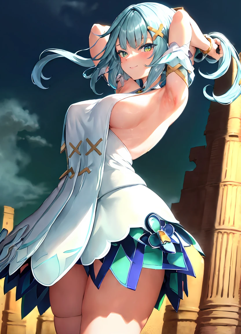 faruzandef, full body, high detailed face, high detailed dress, smile, looking at viewer, armpits, arms up, standing up, dynamic pose, medium breasts, side breasts, sexy, perfect round ass, sunny ancient desert ruins. Background.